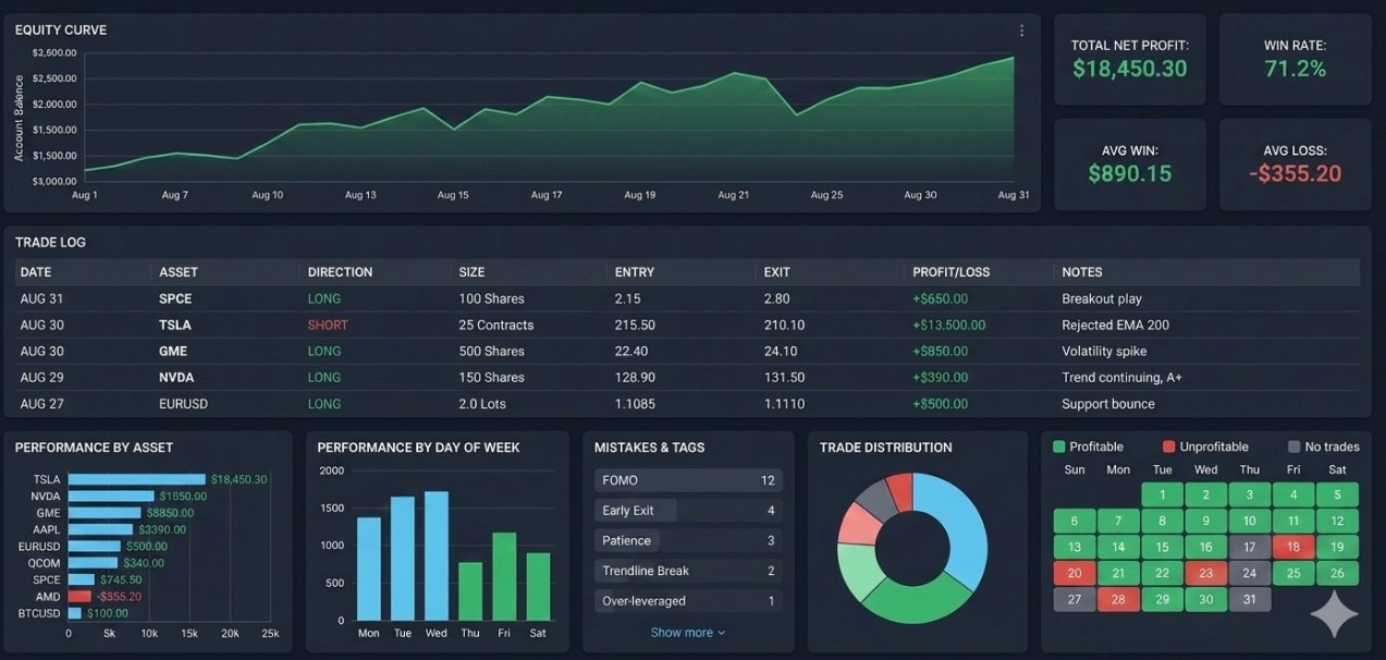 A generic trading journal dashboard — win rate, equity curve, P&L by asset, trade distribution